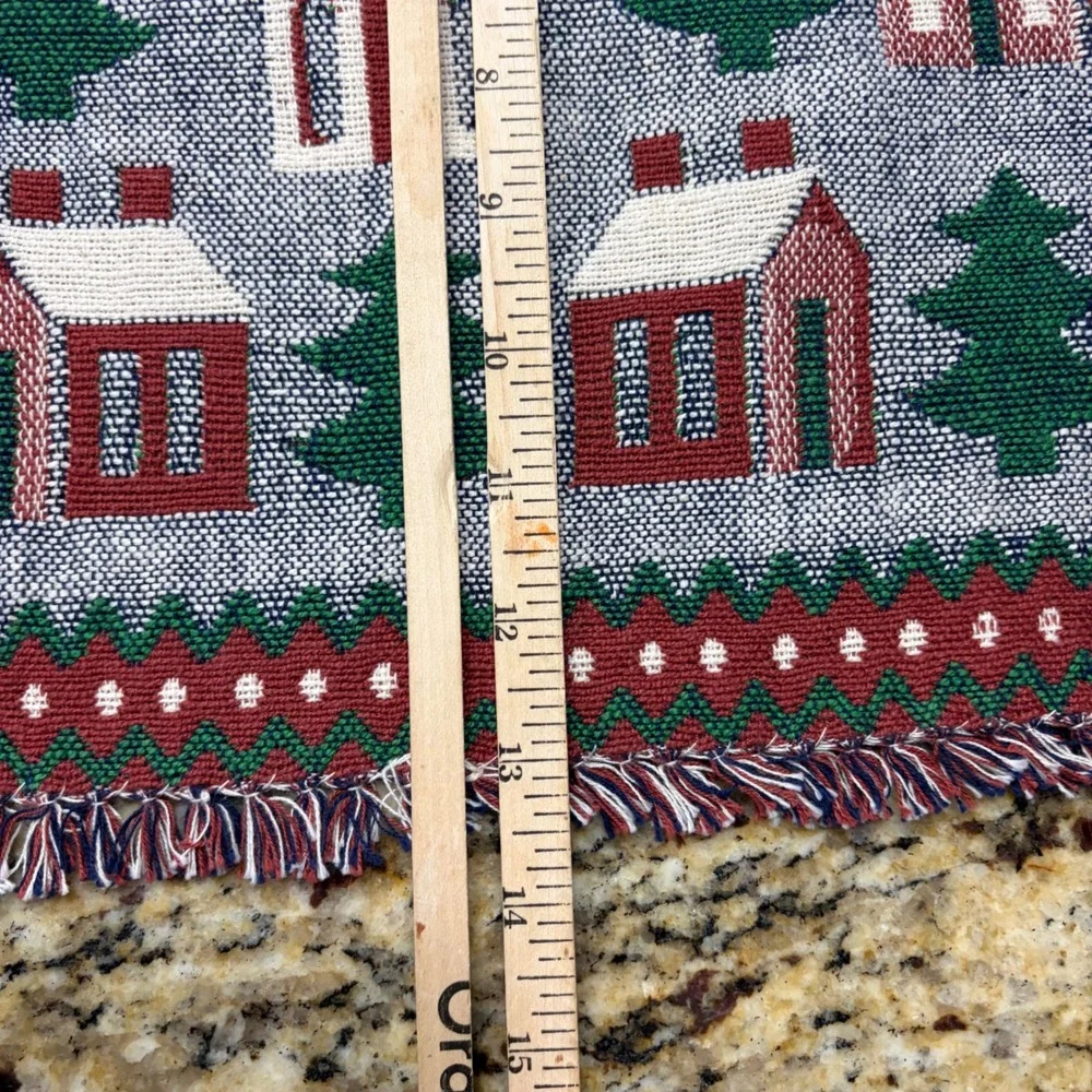 Vintage Christmas Village Woven Tapestry Table Runner Winter Church Stars 53x13